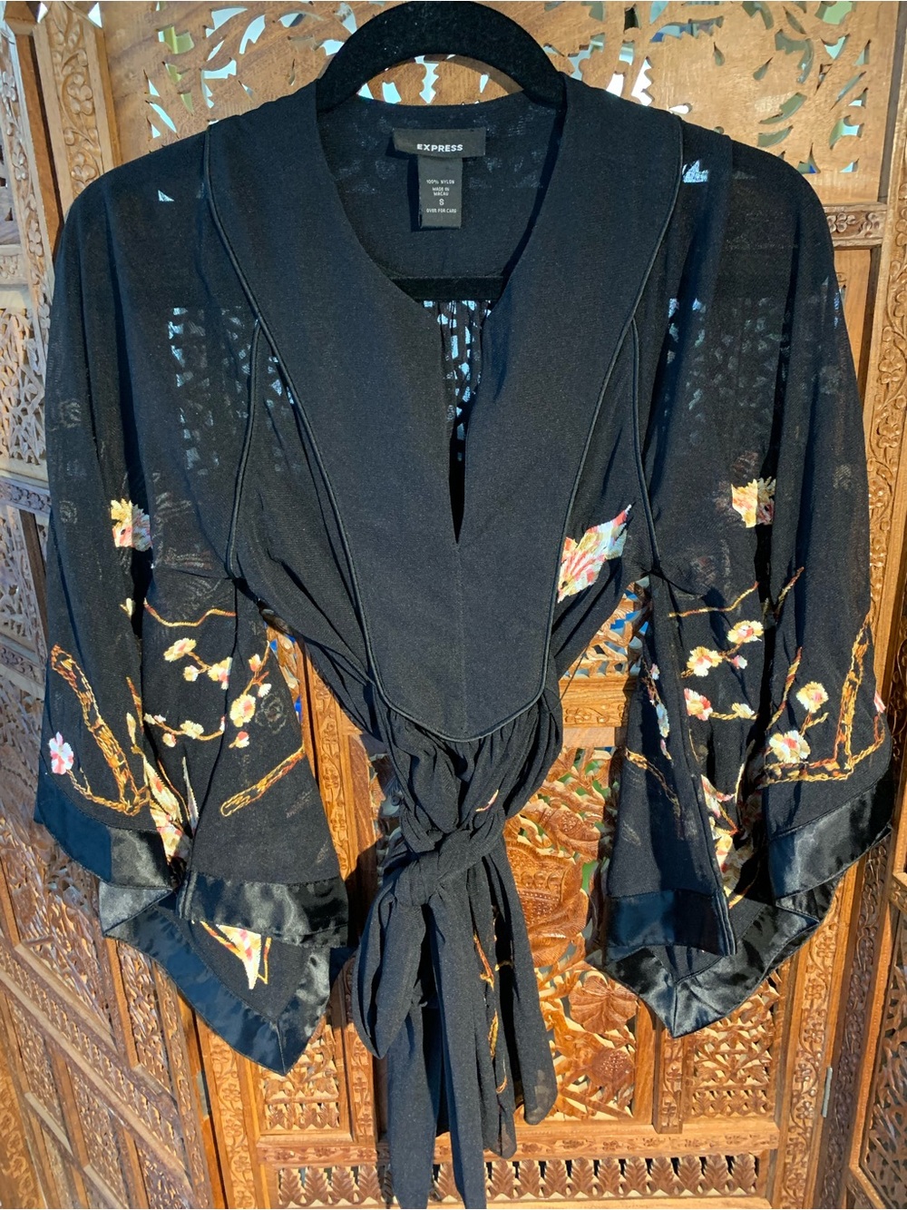 Express Black Kimono Robe with Floral Embroidery
